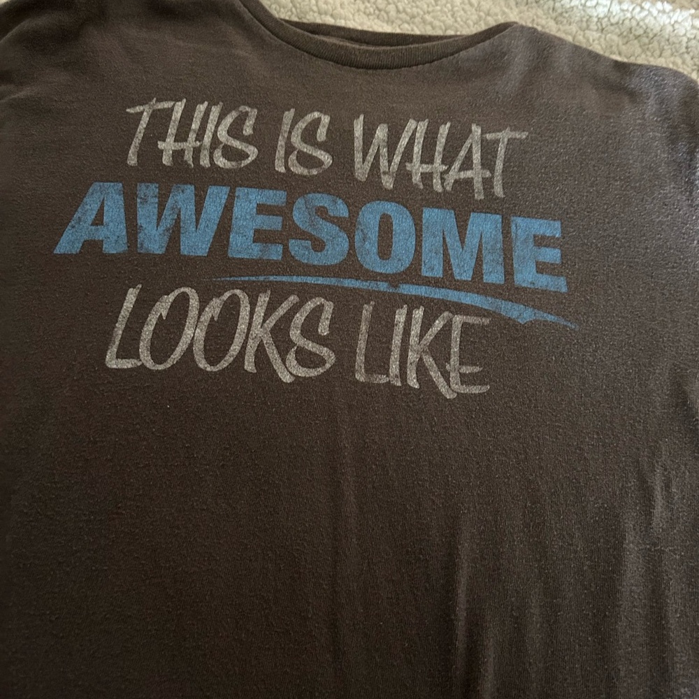 Brown Graphic T-Shirt with Blue and Gray Text